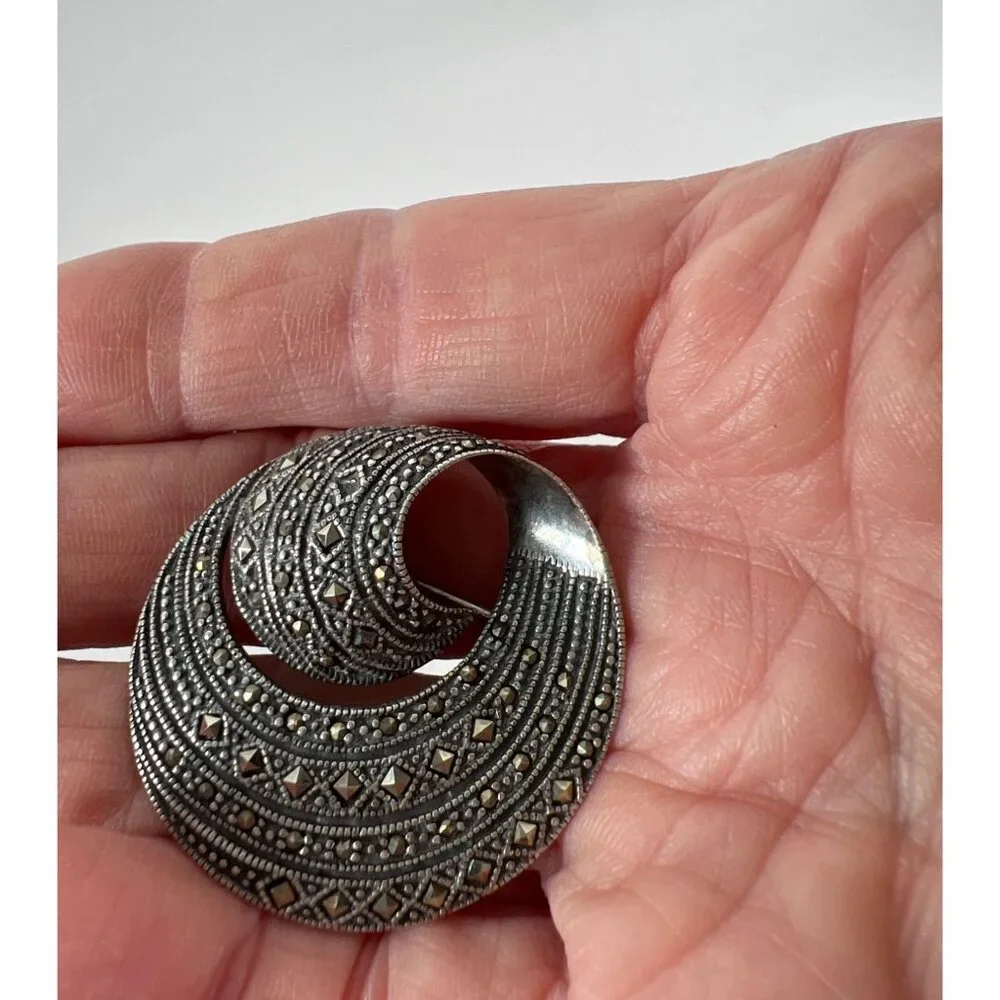 Jewelry Vintage 925 Sterling Silver Marcasite Swirl Brooch Pin 20s Art Deco Core - Picture 5 of 9